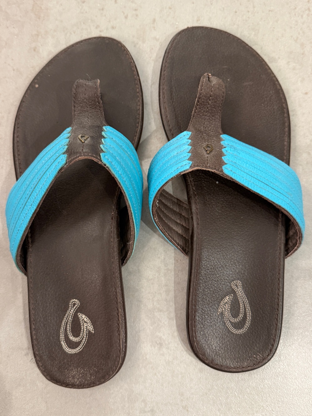 OluKai Mahina  Leather Flip Sandals with Turquoise Straps